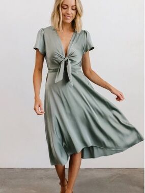 Baltic Born Poppy Sage Green Tie-Front Midi Dress
